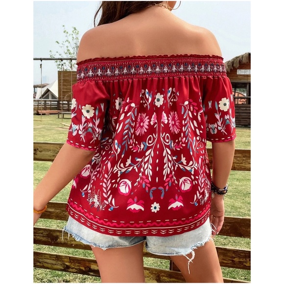 Plus Floral Print Off Shoulder Cottagecore Blouse - Picture 4 of 11